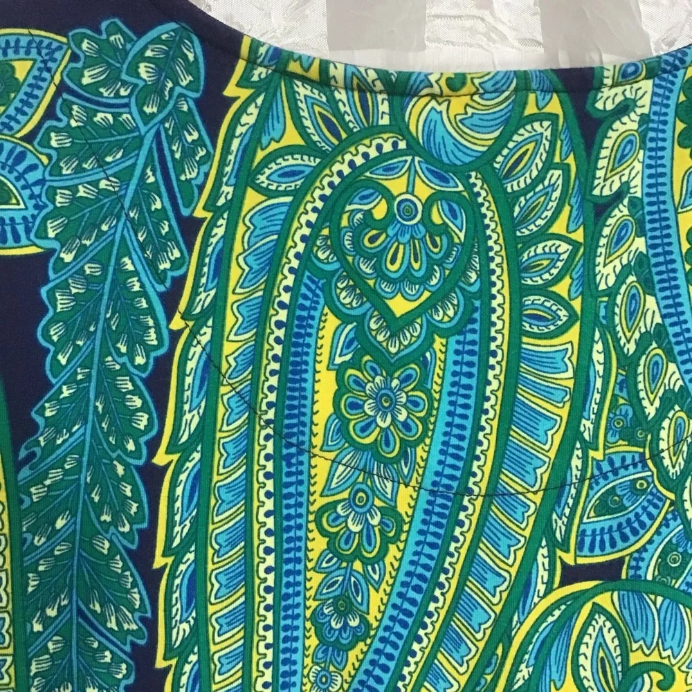 Isaac Mizrahi Live! Blue Green Yellow Paisley Short Sleeve Dress, Size L - Picture 3 of 10